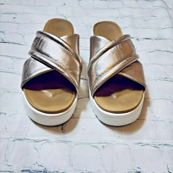 UGG Women Size 7.5 Zayne Crossband Rose Gold Metallic Slip On Platform Sandals - Picture 2 of 11
